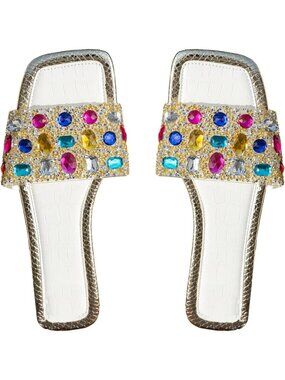 🆕Women's White Rhinestone Rainbow Flat Sandals Sparkly Bling Slides Glitter
